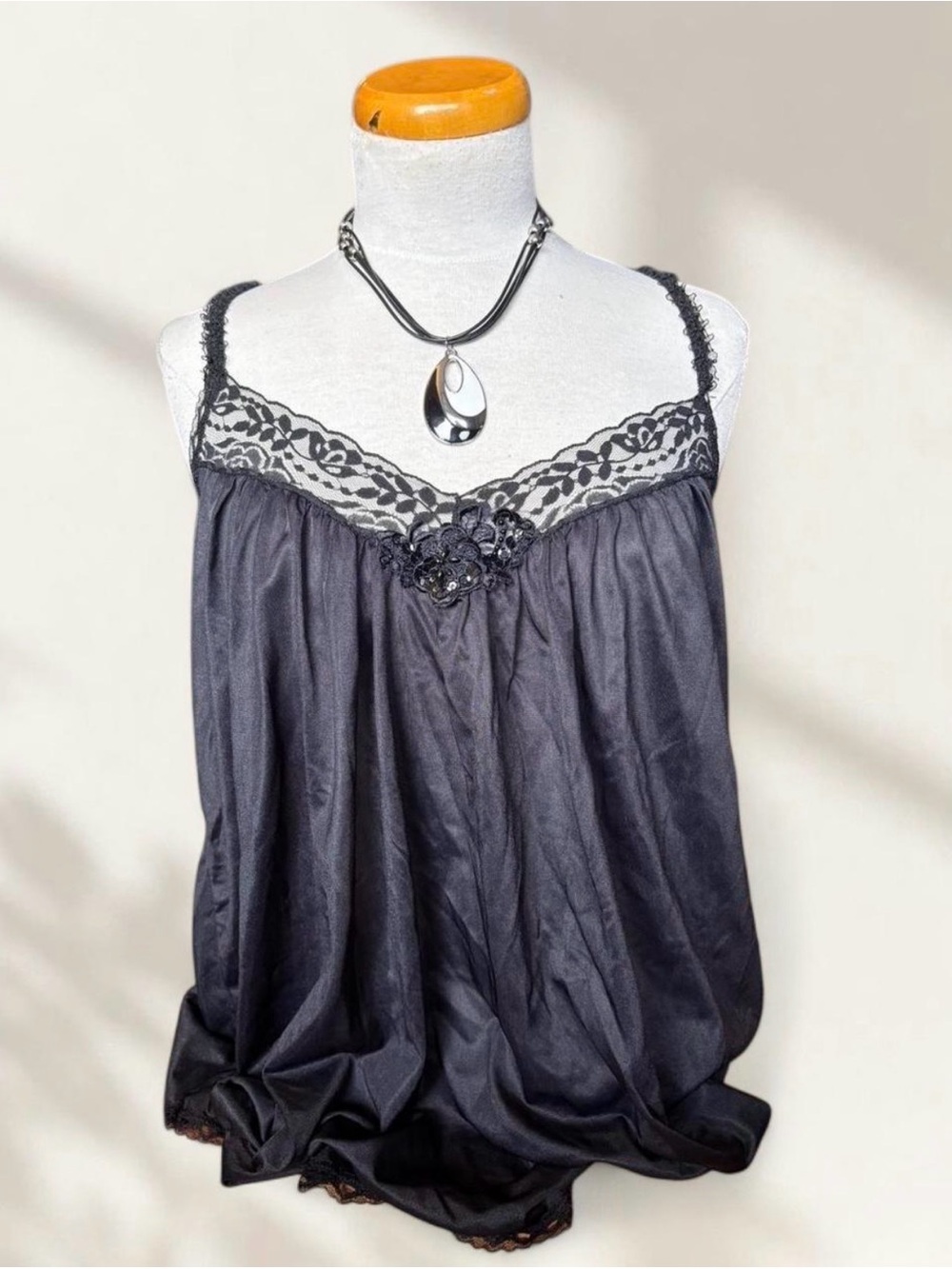 Elegant Black Lace-Trim Satin Camisole